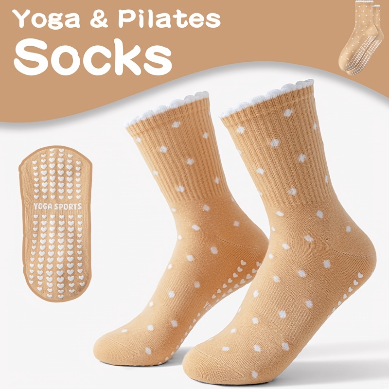 Pilates Yoga Gifts - Women's brown yoga socks, white polka